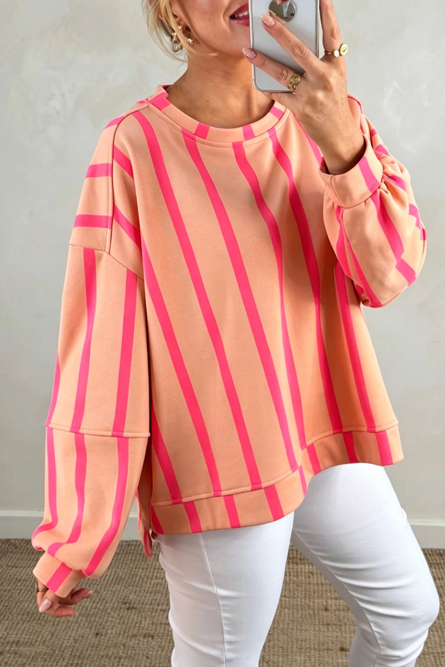 Pink Stripe Dropped Shoulder Round Neck Casual Sweatshirt-Tops/Sweatshirts & Hoodies-[Adult]-[Female]-Pink Stripe-S-2022 Online Blue Zone Planet