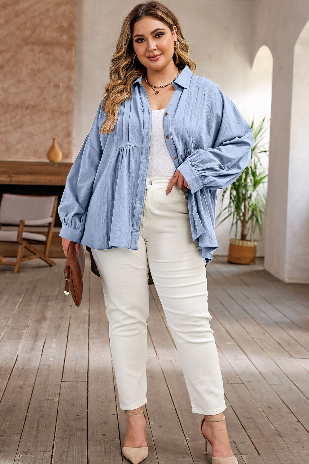 Plus Size High-Low Button Up Dropped Shoulder Shirt-TOPS / DRESSES-[Adult]-[Female]-2022 Online Blue Zone Planet