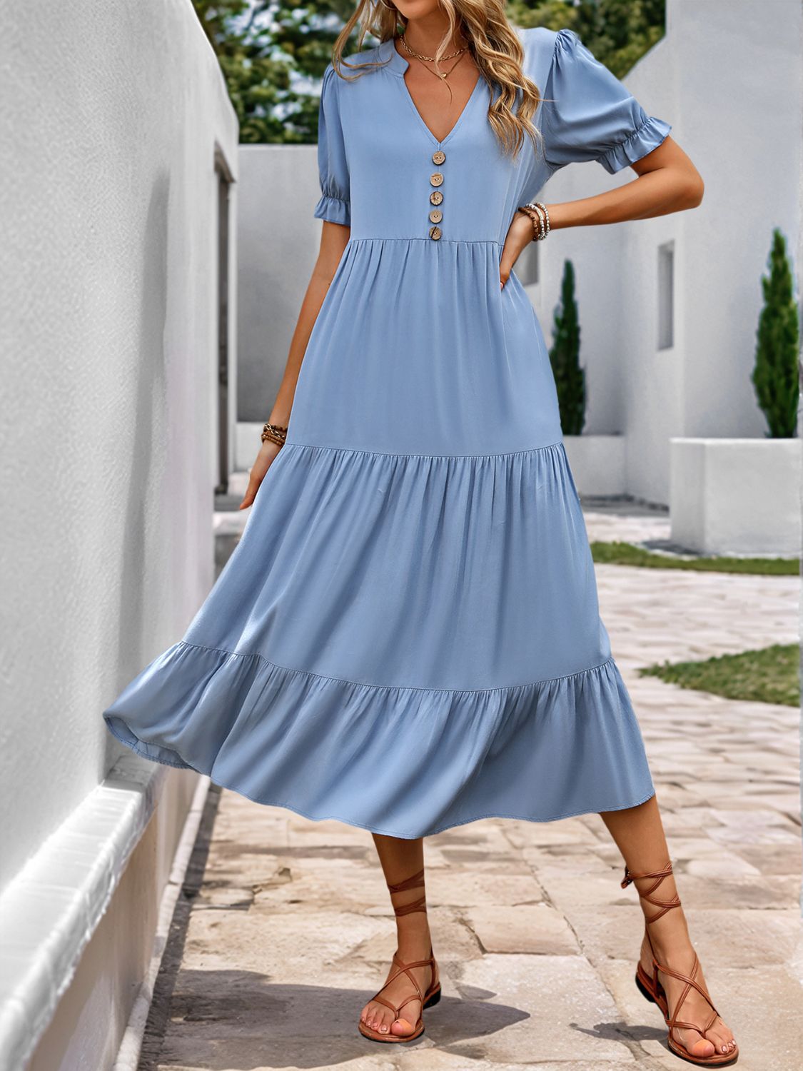 Perfee Decorative Button Notched Short Sleeve Midi Dress-TOPS / DRESSES-[Adult]-[Female]-Light Blue-S-2022 Online Blue Zone Planet