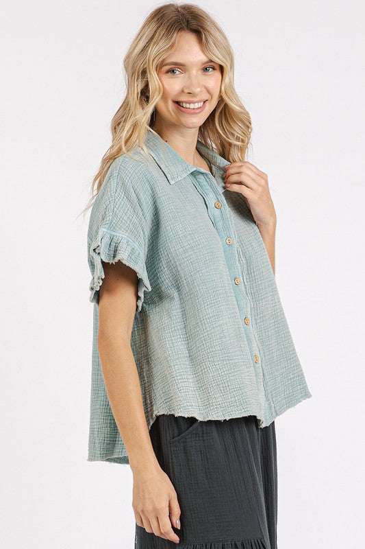 Mittoshop Mineral Washed Button Down Flounce Sleeve Shirt-TOPS / DRESSES-[Adult]-[Female]-2022 Online Blue Zone Planet