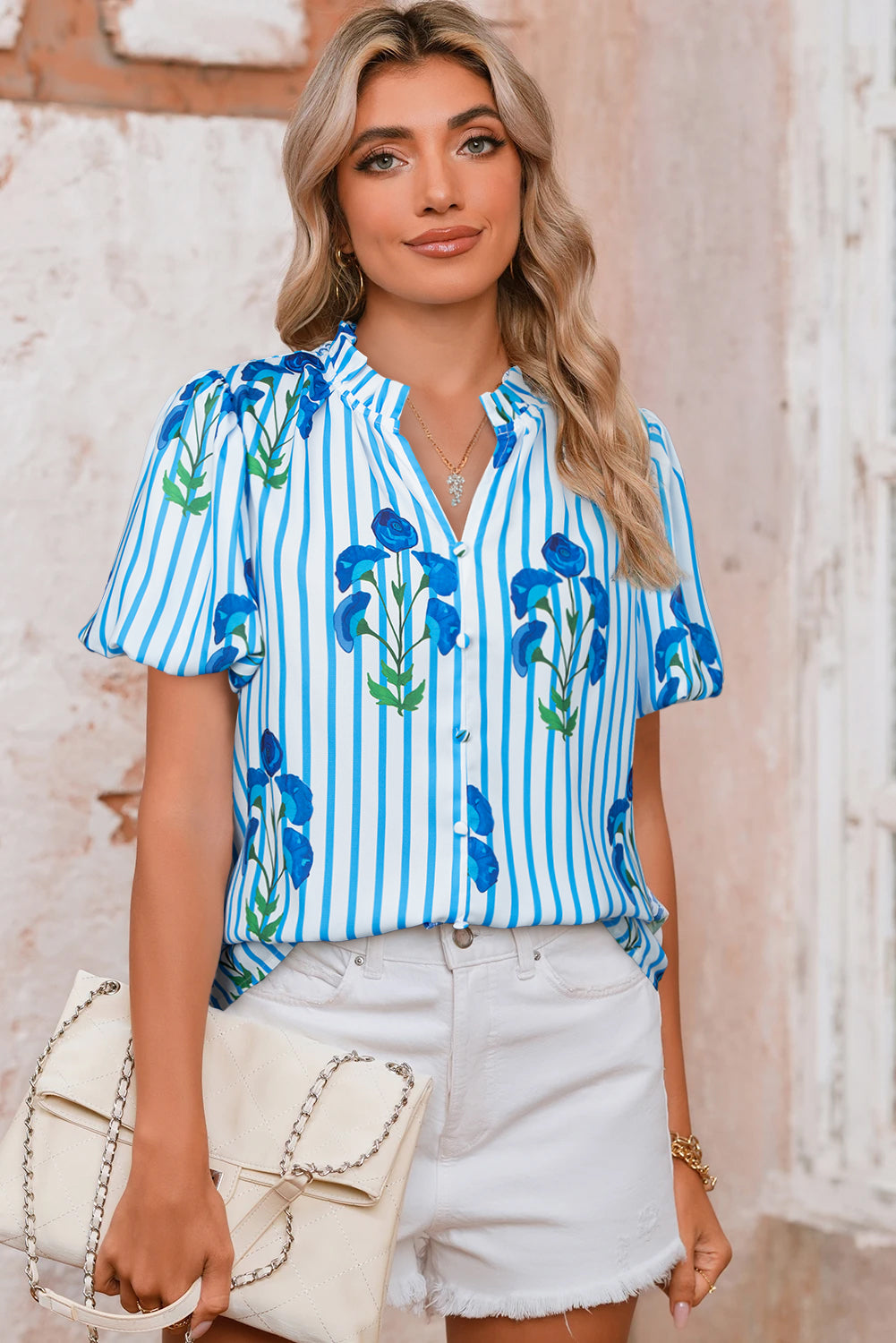 Sky Blue Stripe Floral Buttoned Frilly Notched Neck Puff Sleeve Summer Blouse-Tops/Blouses & Shirts-[Adult]-[Female]-2022 Online Blue Zone Planet