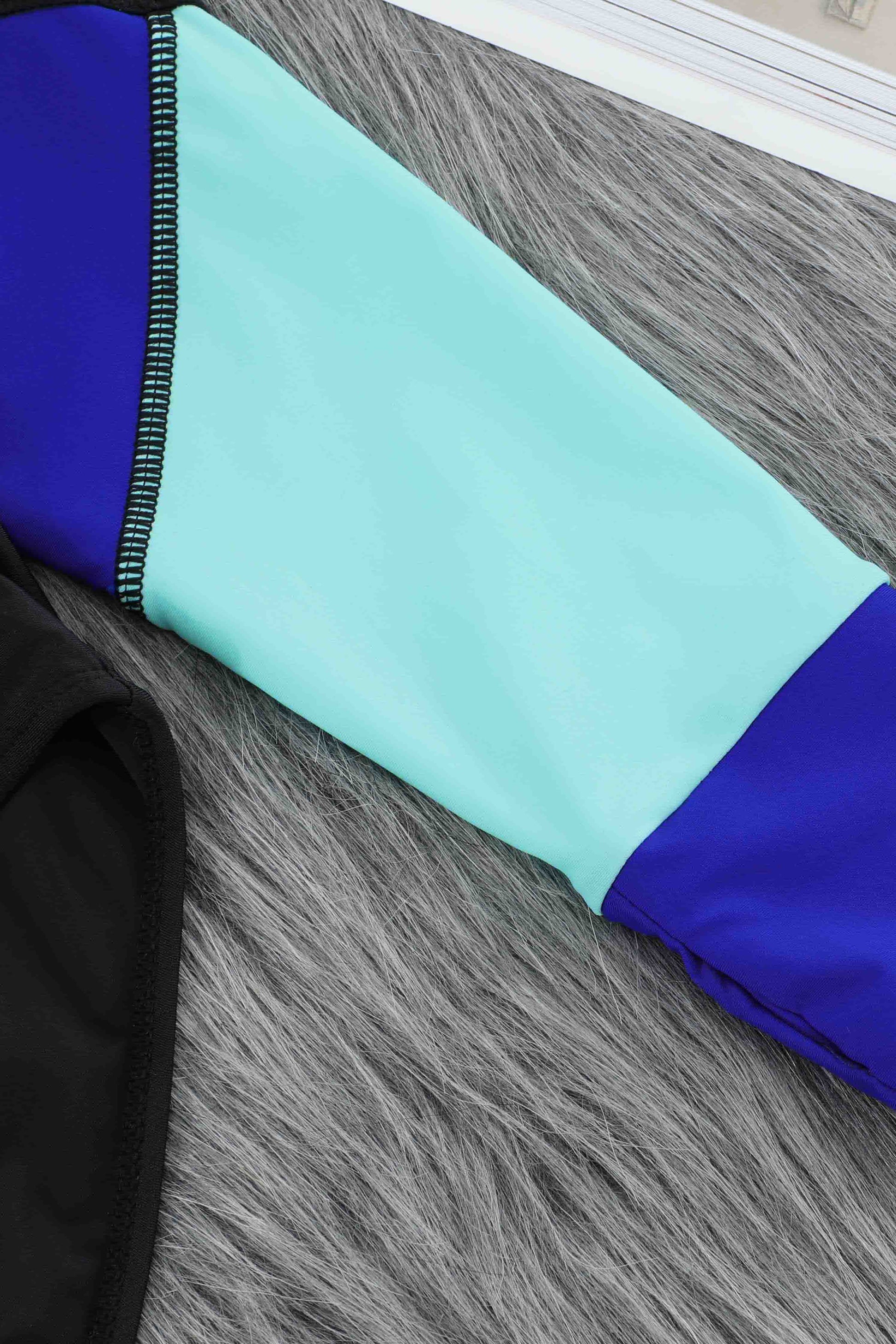 Green Color Block Zipper Long Sleeve Rash Guard Swimwear-Swimwear/Rash Guards-[Adult]-[Female]-2022 Online Blue Zone Planet