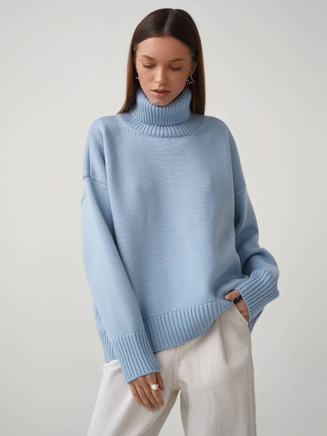 Turtleneck Long Sleeve Sweater-TOPS / DRESSES-[Adult]-[Female]-Light Blue-S-2022 Online Blue Zone Planet