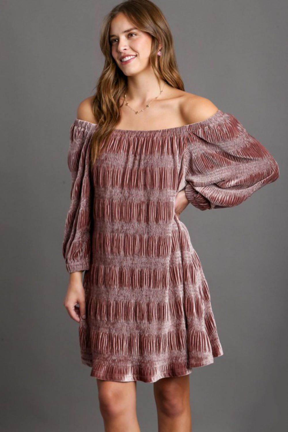 Blue Zone Planet | Umgee Off-Shoulder Balloon Sleeve Velvet Mini Dress-TOPS / DRESSES-[Adult]-[Female]-Dusty Pink-S-2022 Online Blue Zone Planet