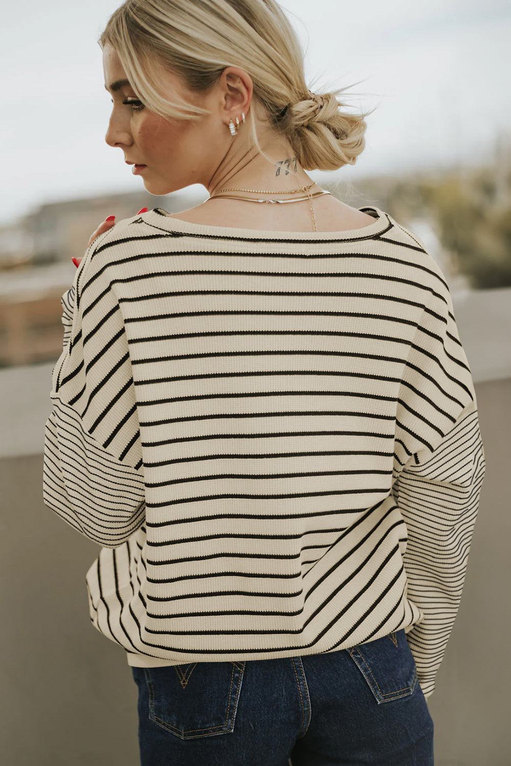 Black Striped Patchwork Loose Long Sleeve Tee-Tops/Long Sleeve Tops-[Adult]-[Female]-2022 Online Blue Zone Planet