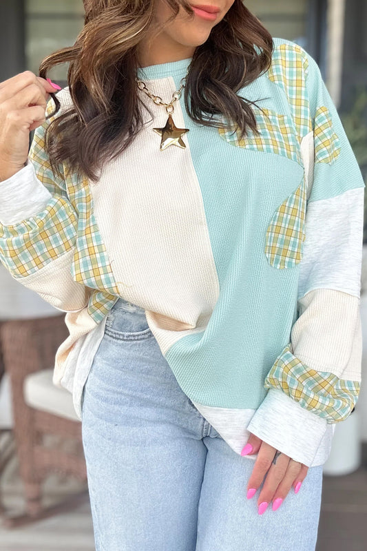 Light Blue Plaid Patchwork Round Neck Long Sleeve Top-Tops/Long Sleeve Tops-[Adult]-[Female]-Light Blue-S-2022 Online Blue Zone Planet