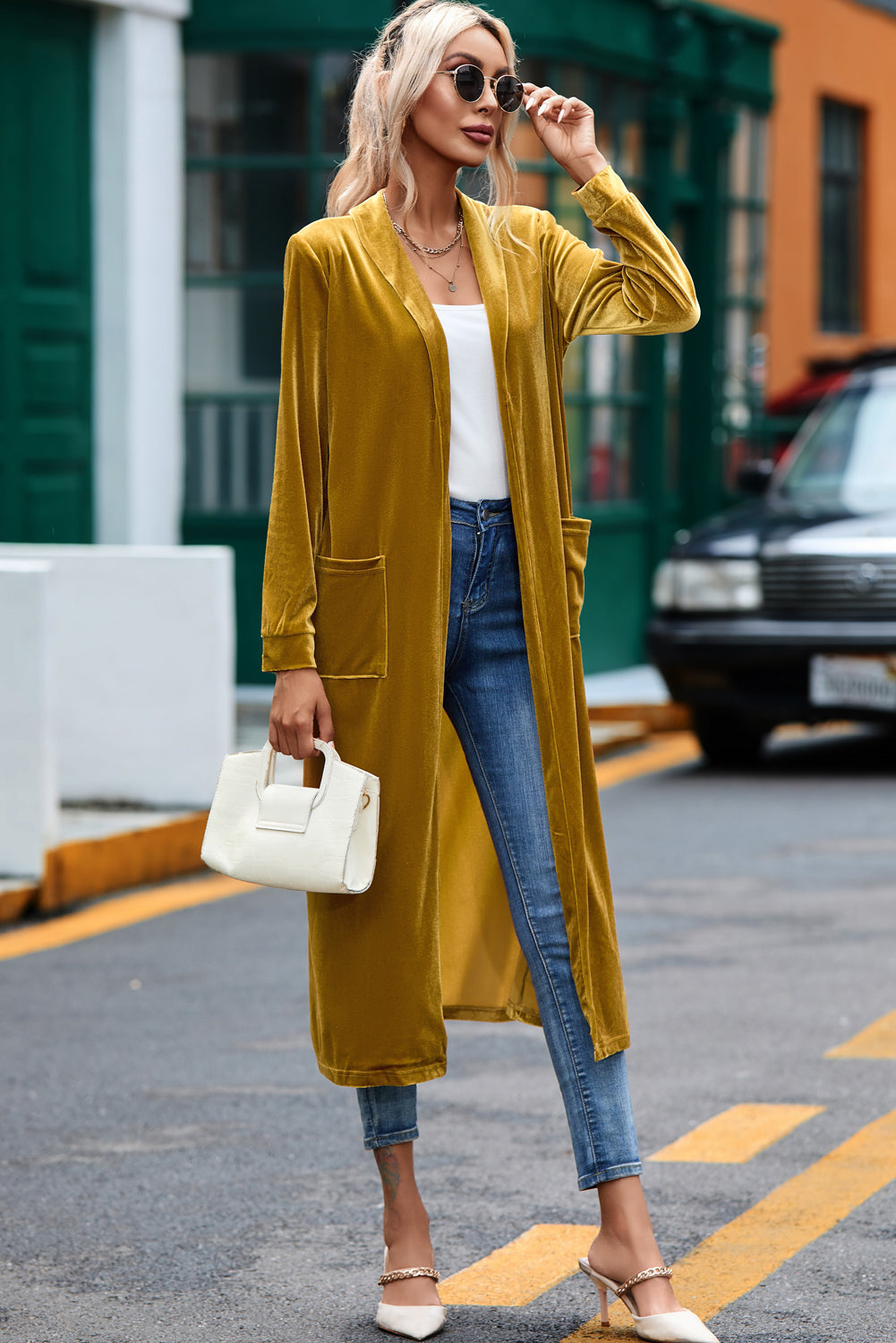 Yellow Velvet Open Front Pocketed Long Duster-Sweaters & Cardigans/Cardigans-[Adult]-[Female]-2022 Online Blue Zone Planet