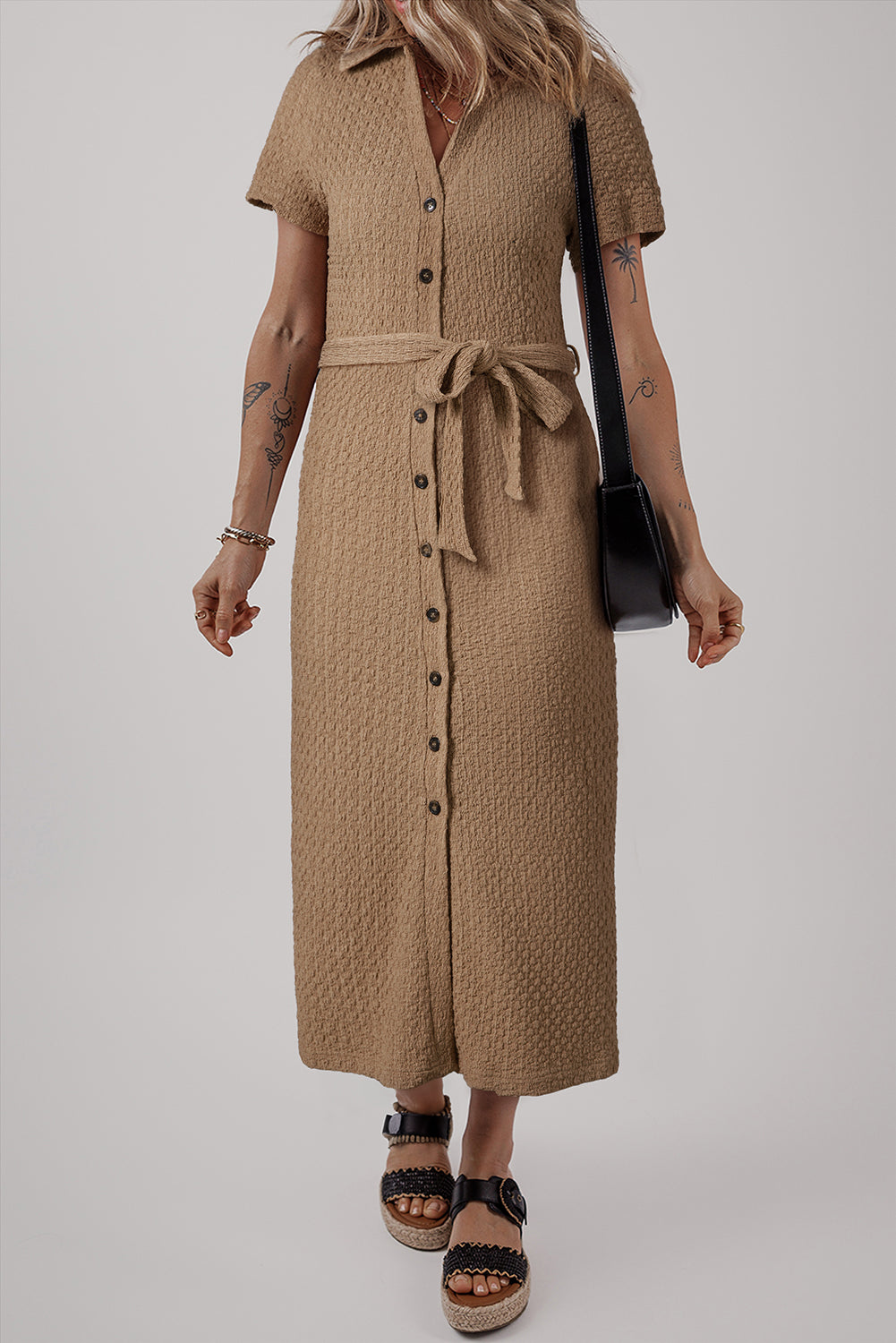 Buckskin Short Sleeve Textured Button Up Tie Waist Long Dress-TOPS / DRESSES-[Adult]-[Female]-Buckskin-S-2022 Online Blue Zone Planet