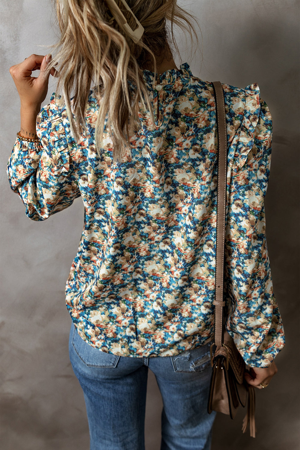 Sky Blue Floral Print Frilled Mock Neck Puff Sleeve Blouse-Tops/Blouses & Shirts-[Adult]-[Female]-2022 Online Blue Zone Planet