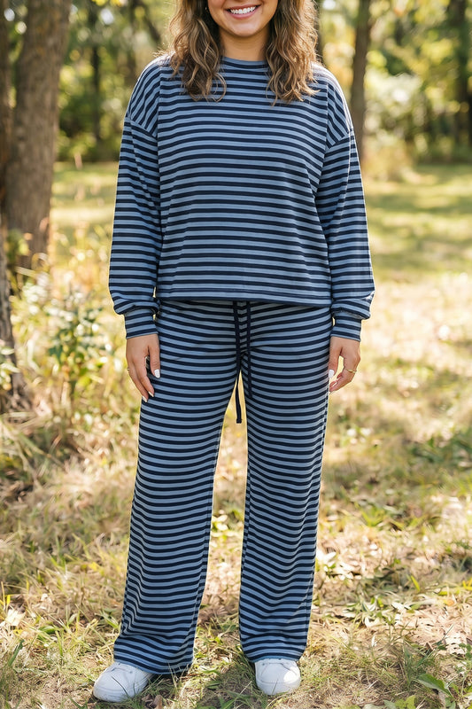 Blue Stripe Long Sleeve Drawstring Waist Plus Size Lounge Pants Set-Plus Size/Plus Size Loungewear-[Adult]-[Female]-Blue Stripe-1X-2022 Online Blue Zone Planet