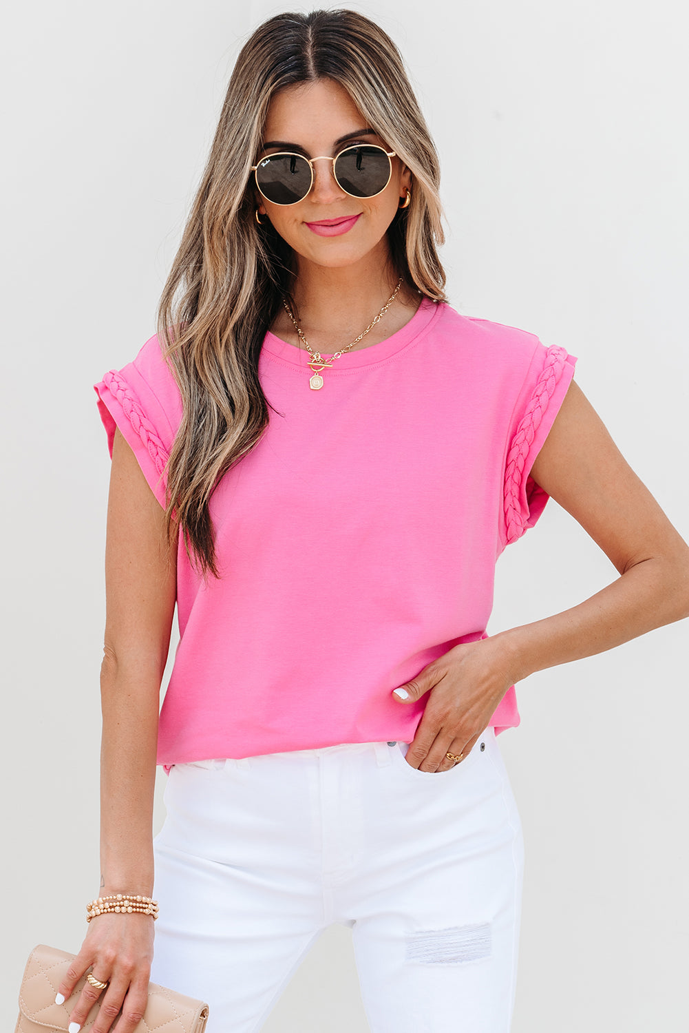 Bonbon Braided Cap Sleeve Crew Neck T Shirt-Tops/Tops & Tees-[Adult]-[Female]-2022 Online Blue Zone Planet