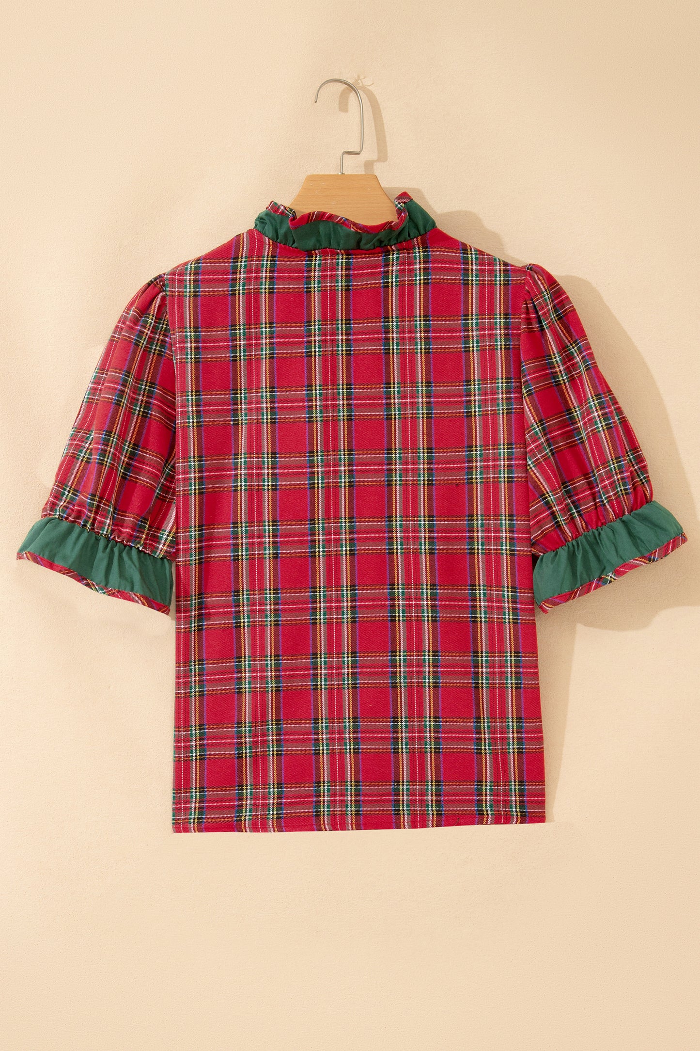 Red Plaid V Neck Ruffle Color Block Trim Short Sleeve Shirt