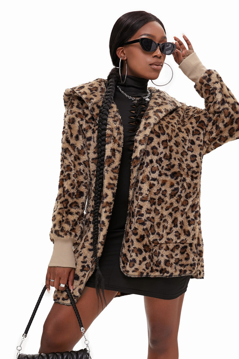 Leopard Soft Fleece Hooded Open Front Jacket-Tops / Dresses-[Adult]-[Female]-2022 Online Blue Zone Planet