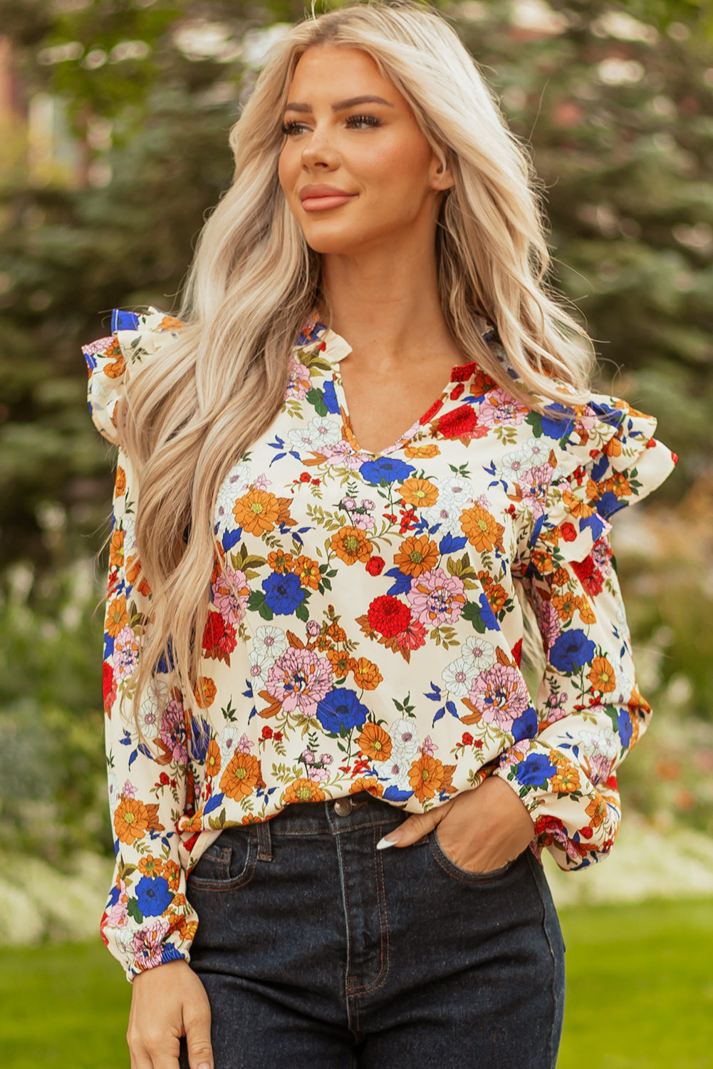 Apricot Ruffled Shoulder Long Sleeve Floral Blouse-Tops/Blouses & Shirts-[Adult]-[Female]-2022 Online Blue Zone Planet