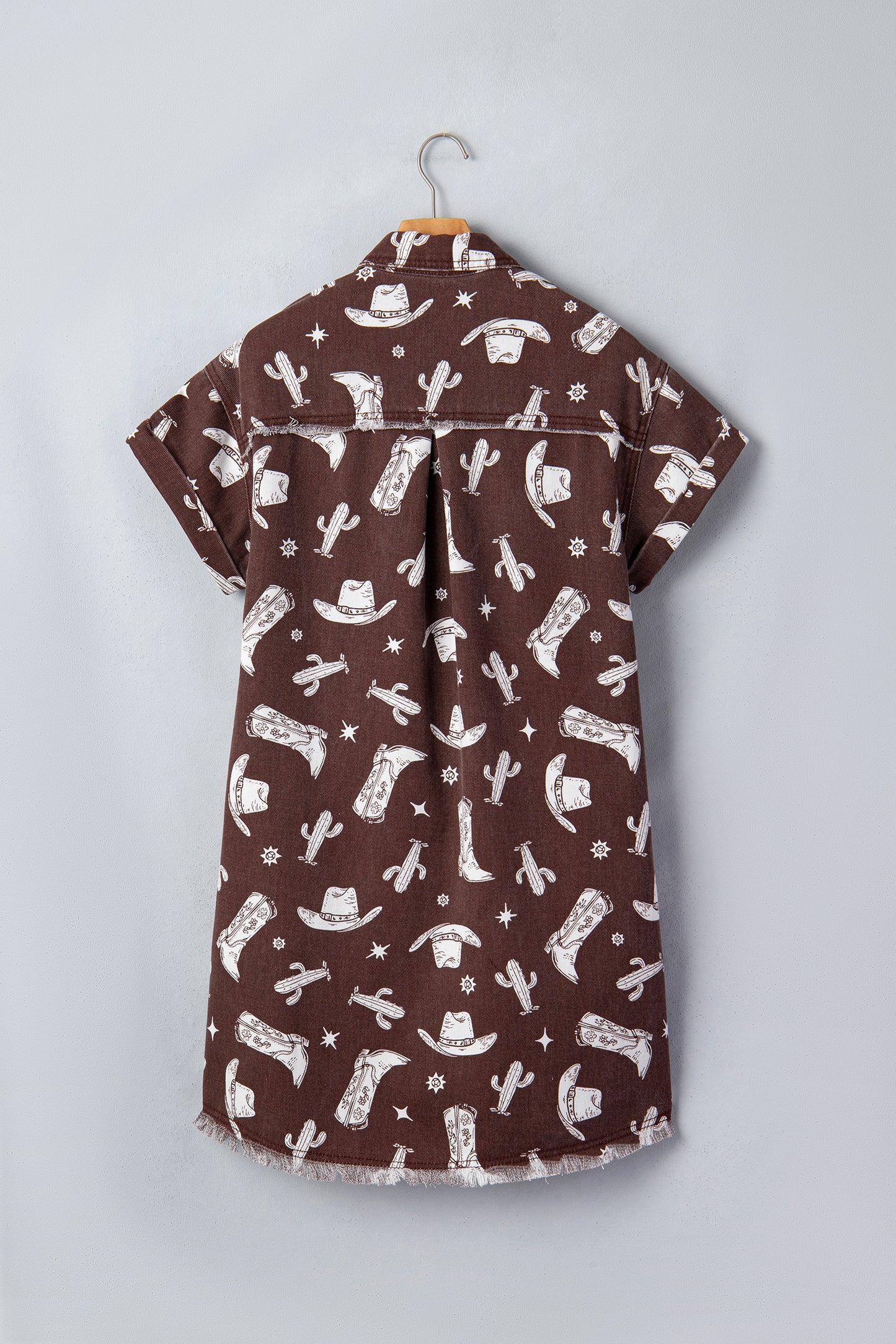 Brown Cowgirl Hats Boots Cactus Print Raw Edge Button Down Short Denim Dress-TOPS / DRESSES-[Adult]-[Female]-2022 Online Blue Zone Planet