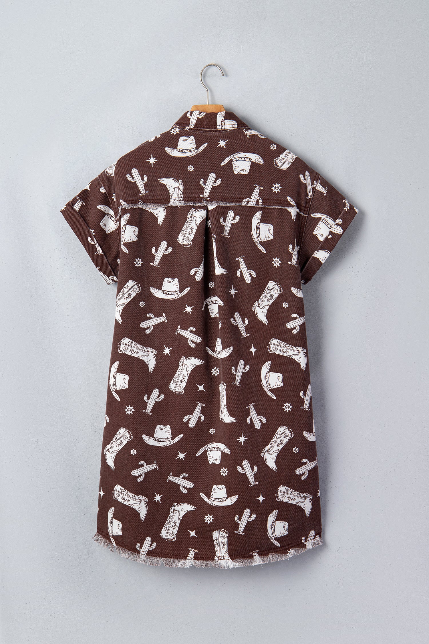 Brown Cowgirl Hats Boots Cactus Print Raw Edge Button Down Short Denim Dress-TOPS / DRESSES-[Adult]-[Female]-2022 Online Blue Zone Planet