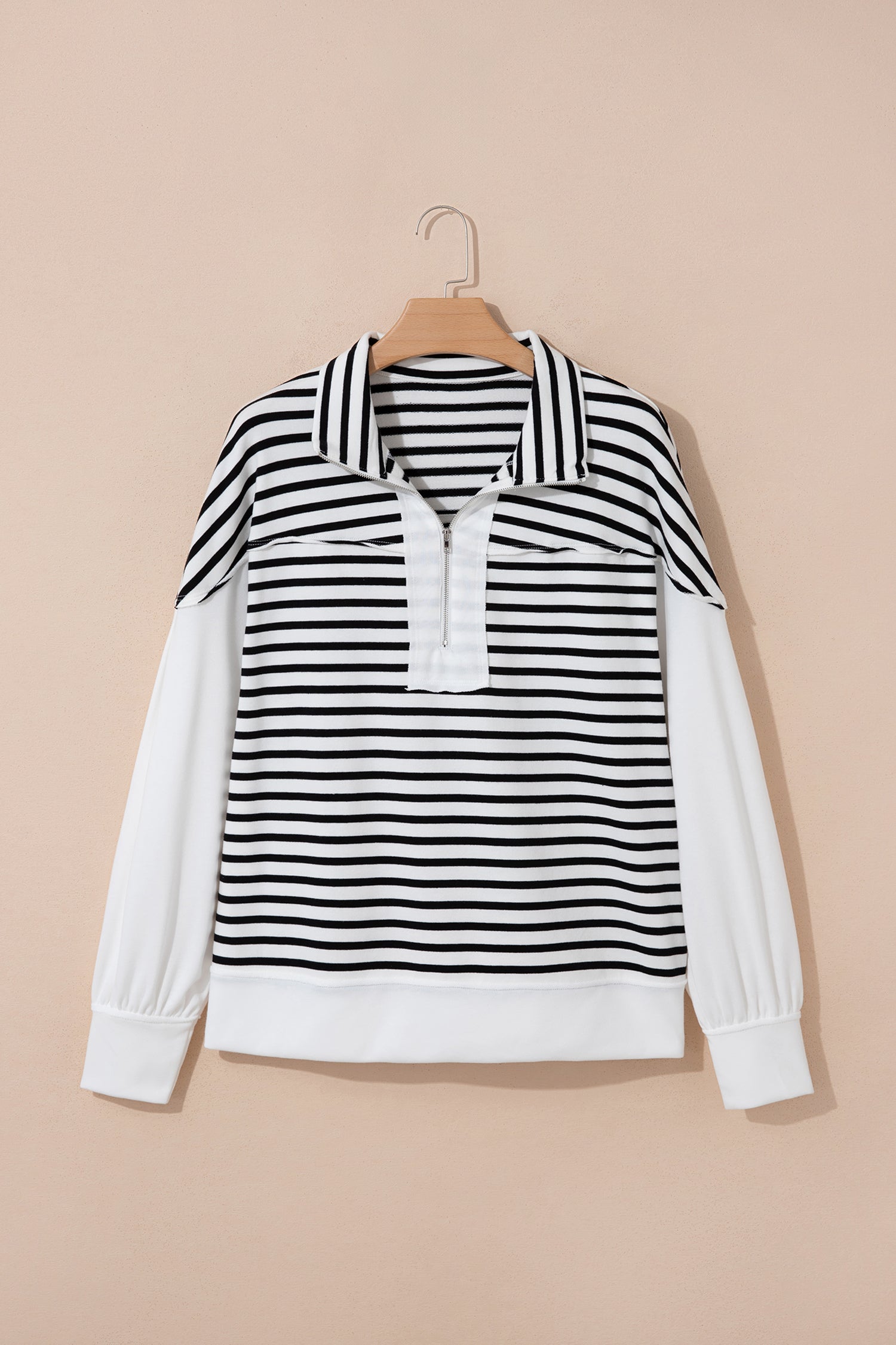White Stripe Color Block Long Puff Sleeve Metal Zip-Up Collar Top-Tops/Long Sleeve Tops-[Adult]-[Female]-2022 Online Blue Zone Planet