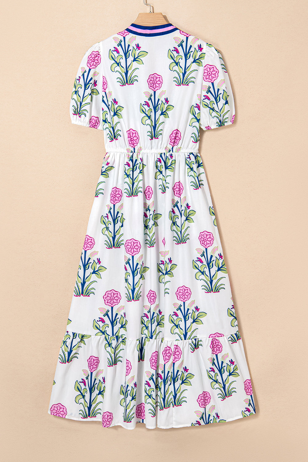 White Floral Puff Short Sleeve V Neck High Waist Maxi Dress-TOPS / DRESSES-[Adult]-[Female]-2022 Online Blue Zone Planet