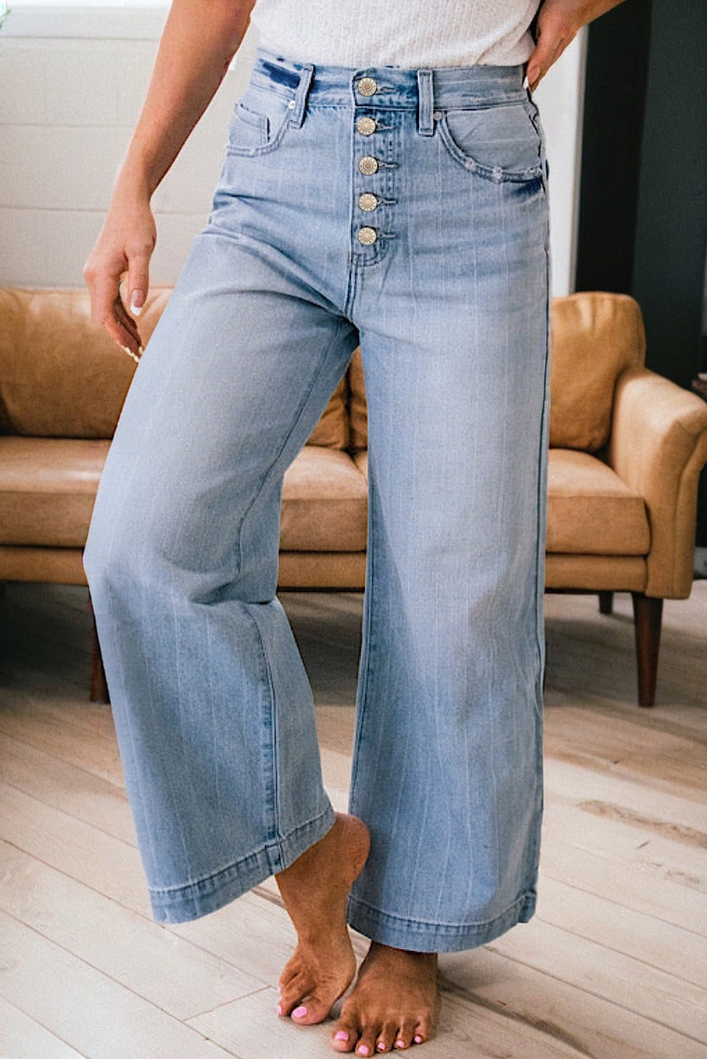 Beau Blue Multi Buttons Pinstripe Wide Leg Jeans-Bottoms/Jeans-[Adult]-[Female]-2022 Online Blue Zone Planet