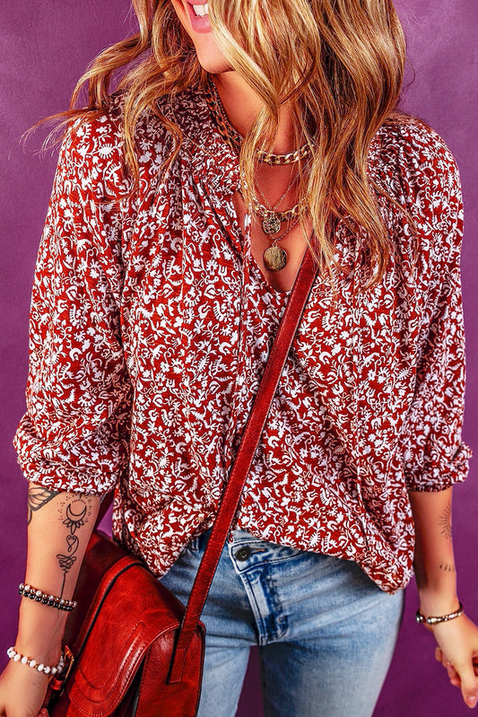 Burgundy Floral Print Smocked Tie Neck Blouse-Sale (50% OFF)/30% OFF-[Adult]-[Female]-Biking Red-S-2022 Online Blue Zone Planet