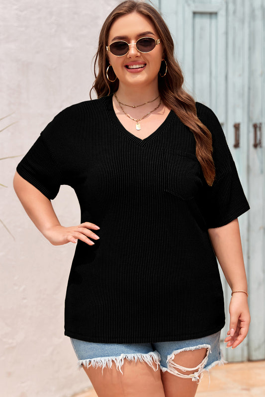 Black Textured V-Neck Dropped Shoulder Plus T-Shirt-Plus Size/Plus Size Tops/Plus Size Tops & Tees-[Adult]-[Female]-Black-1X-2022 Online Blue Zone Planet
