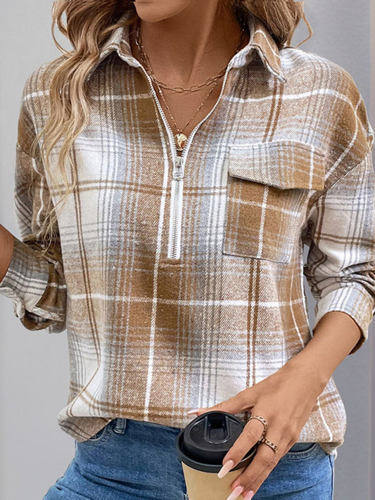 Perfee Plaid Collared Neck Half Zip Long Sleeve Top-TOPS / DRESSES-[Adult]-[Female]-Camel-S-2022 Online Blue Zone Planet