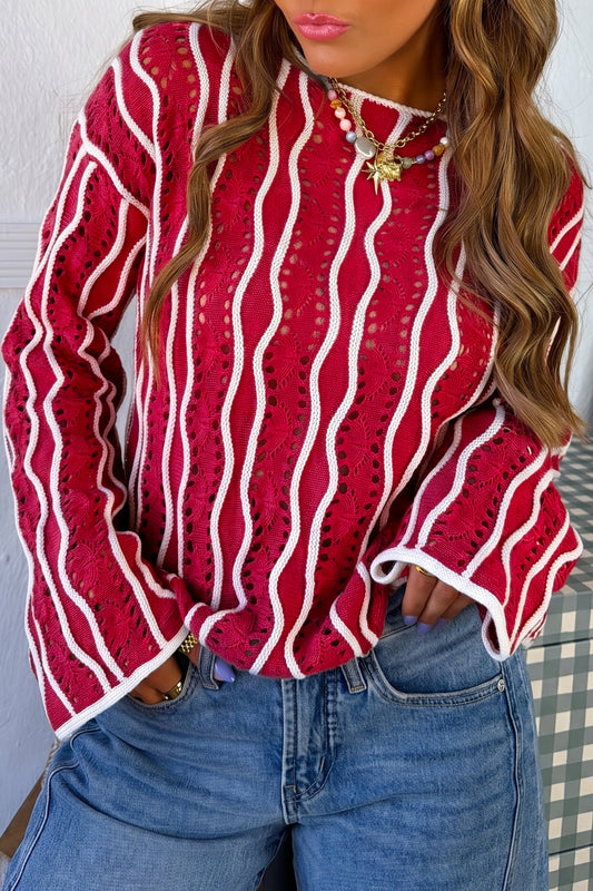 Racing Red Wavy Detail Hollow Out Knit Long Sleeve Cotton Pullover Sweater-Sweaters & Cardigans/Sweaters-[Adult]-[Female]-Racing Red-S-2022 Online Blue Zone Planet