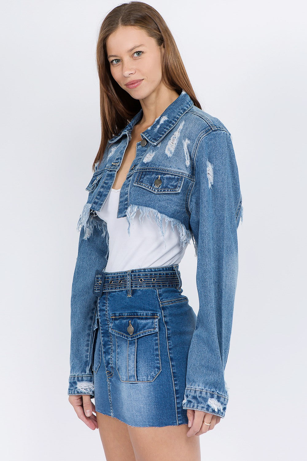 American Bazi Distressed Denim Jacket with Frayed Hem-TOPS / DRESSES-[Adult]-[Female]-2022 Online Blue Zone Planet