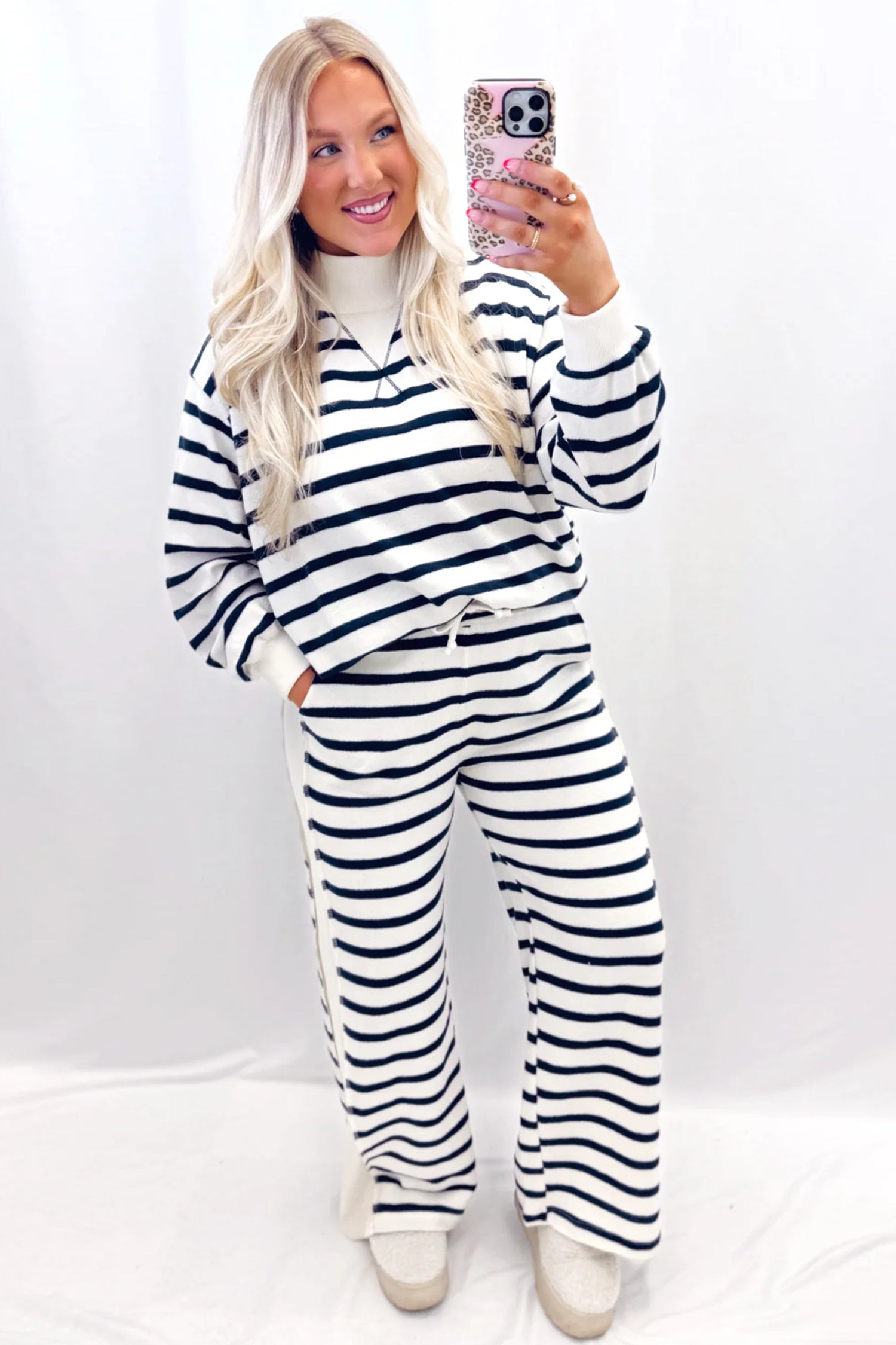 Blue Stripe Striped Ribbed Cuff Collar Pocket Loose Pant Set-Two Piece Sets/Pant Sets-[Adult]-[Female]-2022 Online Blue Zone Planet
