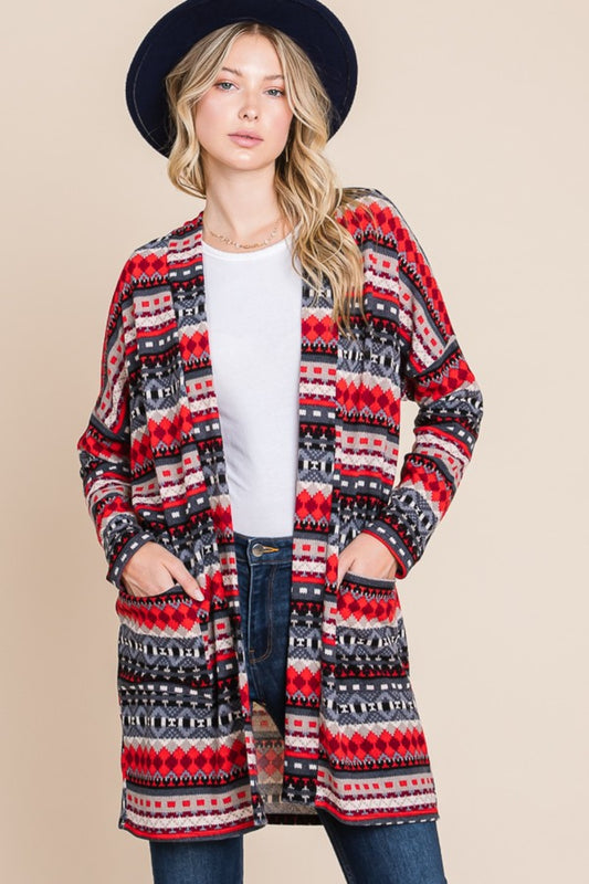 BOMBOM Geometric Open Front Long Sleeve Cardigan with Pockets-TOPS / DRESSES-[Adult]-[Female]-Red-S-2022 Online Blue Zone Planet