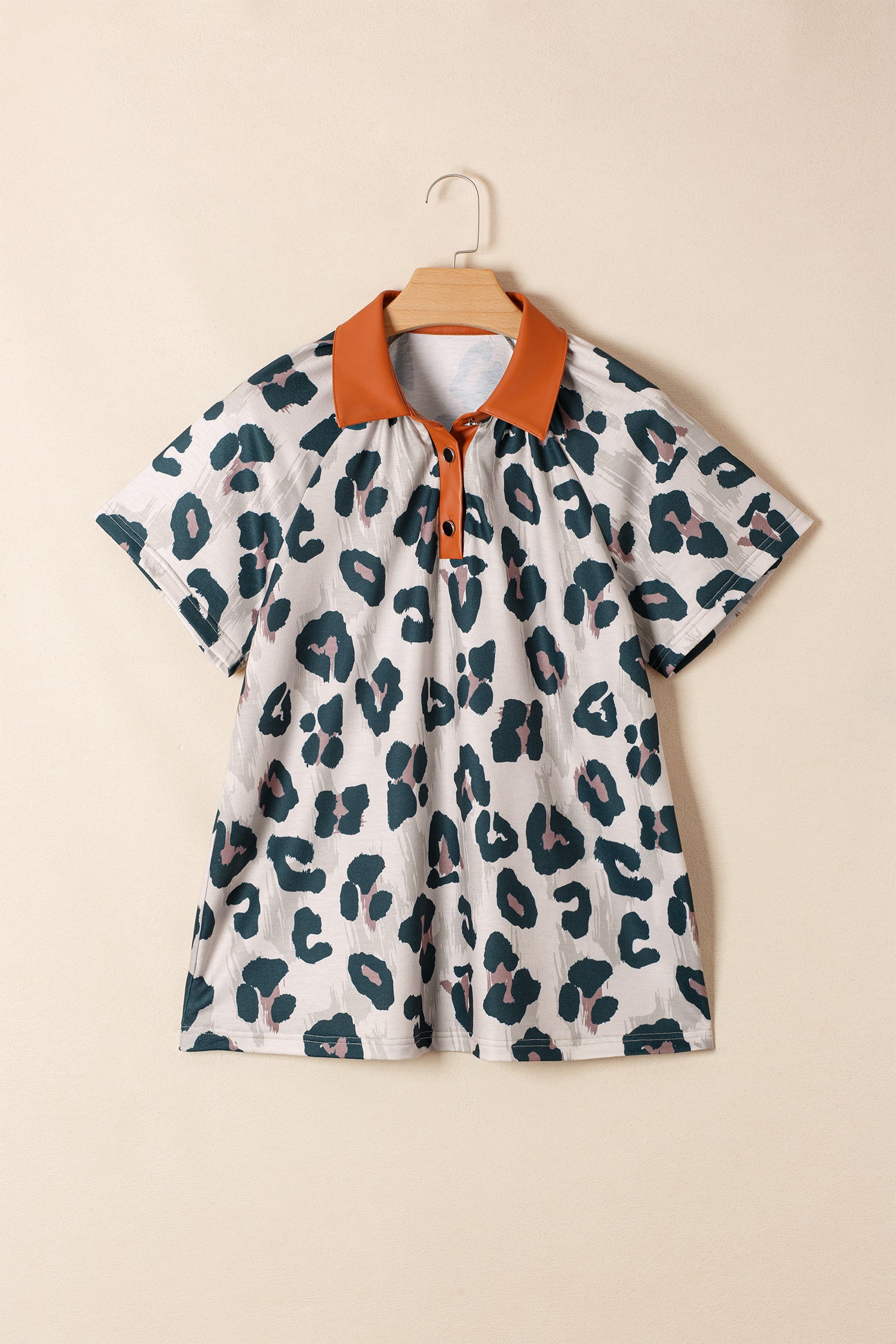 Casual Unique Leopard Print Button Contrast Collared Short Sleeve Blouse-Tops/Blouses & Shirts-[Adult]-[Female]-2022 Online Blue Zone Planet