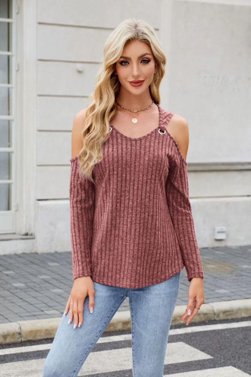Ribbed Cold Shoulder Long Sleeve Top-TOPS / DRESSES-[Adult]-[Female]-2022 Online Blue Zone Planet