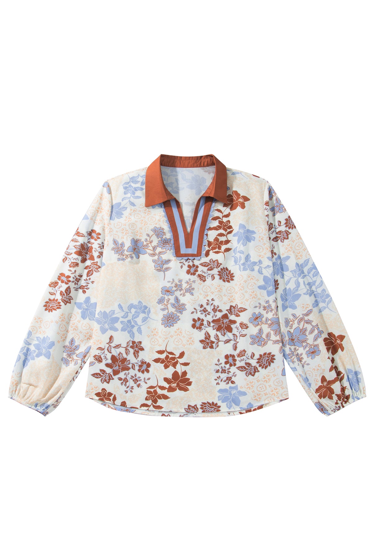 White Plus Size Floral Print Contrast Collar V Neck Long Sleeve Blouse-Plus Size/Plus Size Tops/Plus Size Blouses & Shirts-[Adult]-[Female]-2022 Online Blue Zone Planet