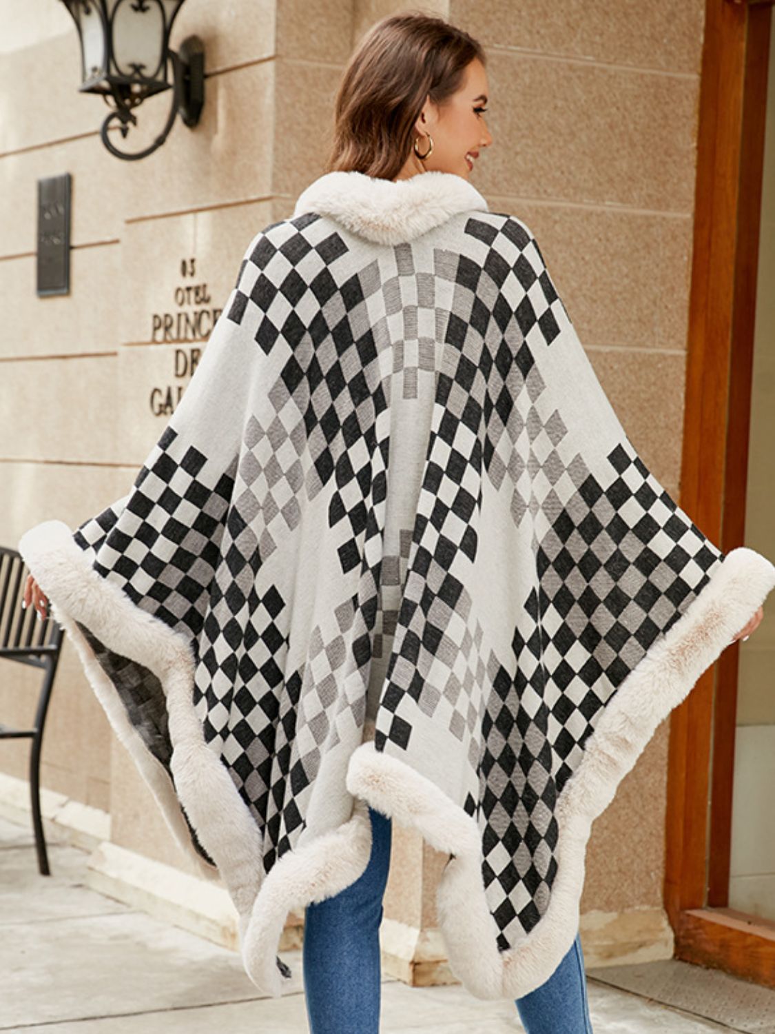 Fuzzy Checkered Long Sleeve Poncho-TOPS / DRESSES-[Adult]-[Female]-2022 Online Blue Zone Planet