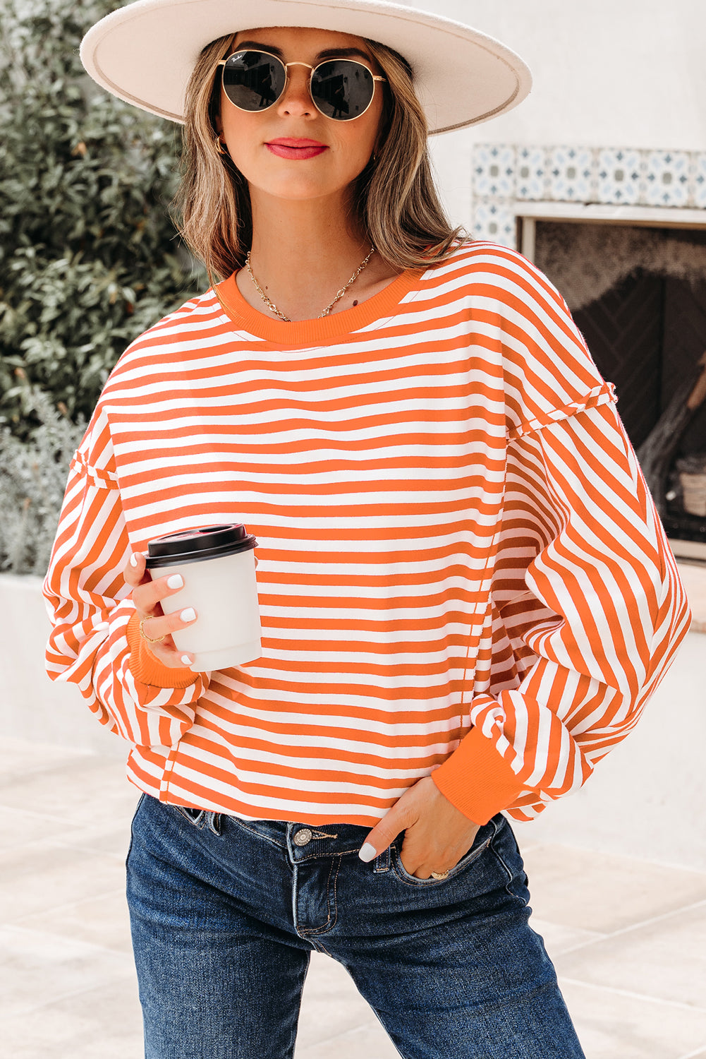 Orange Stripe Exposed Seam Drop Shoulder Casual Pullover Top-Tops/Long Sleeve Tops-[Adult]-[Female]-2022 Online Blue Zone Planet