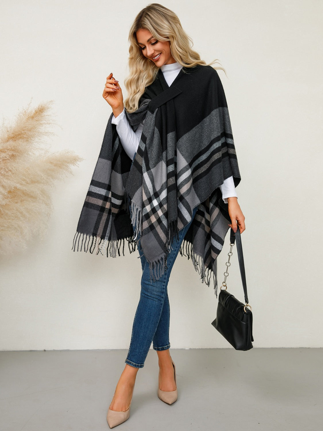 Fringe Contrast Plaid Poncho-TOPS / DRESSES-[Adult]-[Female]-2022 Online Blue Zone Planet