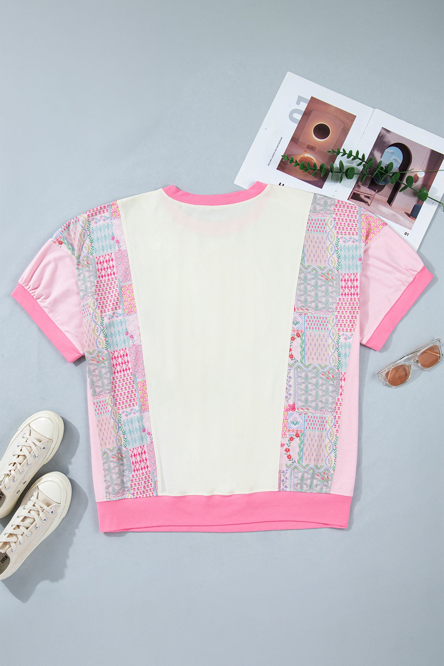 Beige Plus Size Floral Patchwork Short Sleeve Patch Embroidery Cotton T Shirt-Plus Size/Plus Size Tops/Plus Size Tops & Tees-[Adult]-[Female]-2022 Online Blue Zone Planet