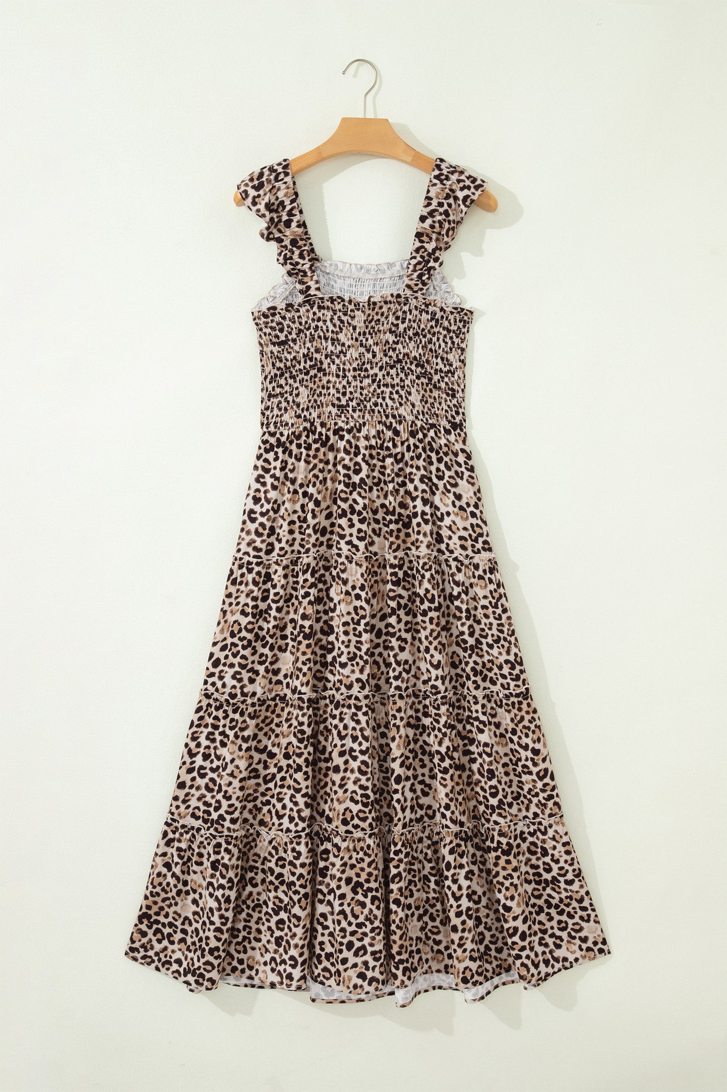 Brown Ruffled Straps Smocked Tiered Leopard Maxi Dress-TOPS / DRESSES-[Adult]-[Female]-2022 Online Blue Zone Planet