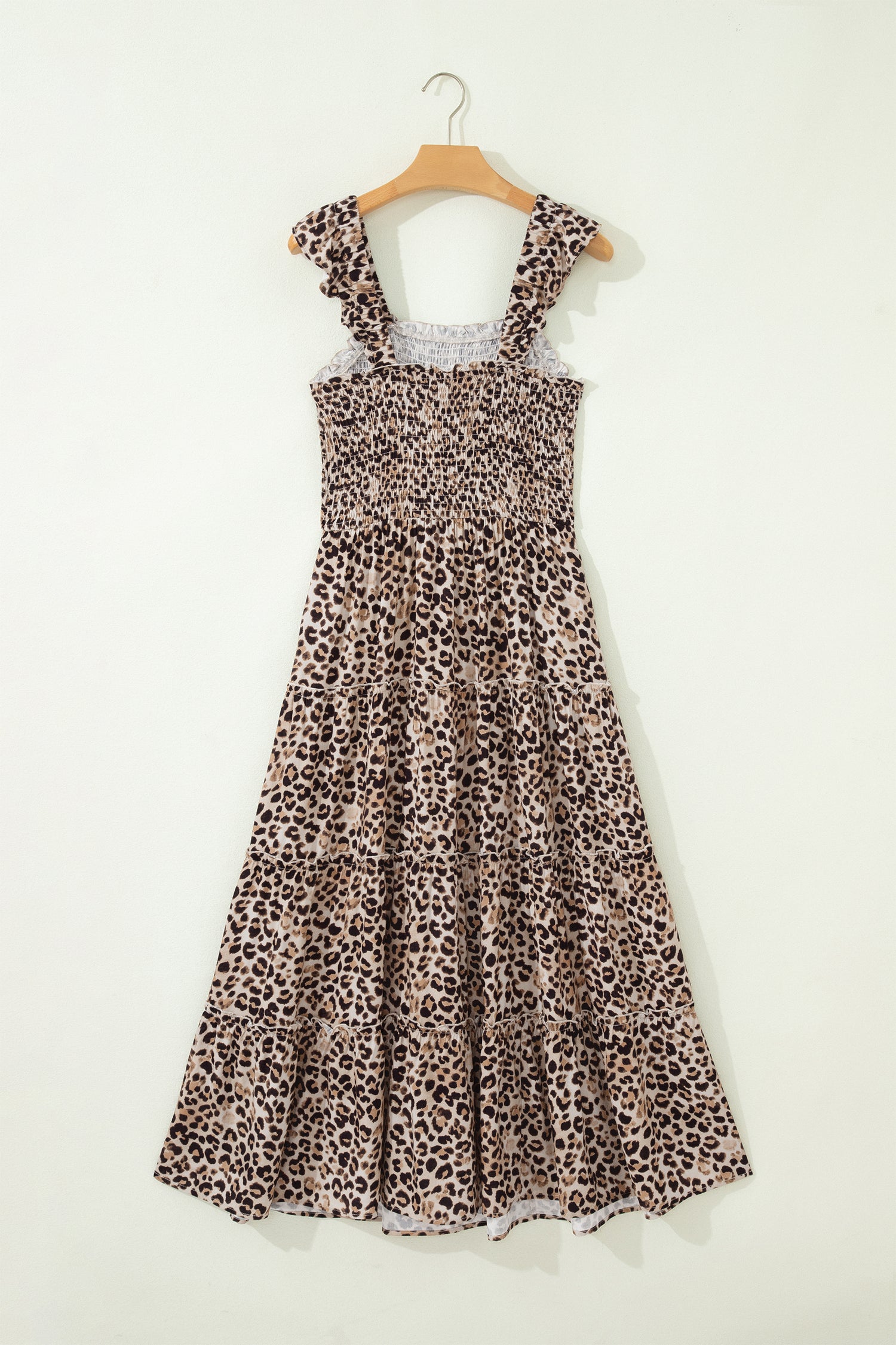 Brown Ruffled Straps Smocked Tiered Leopard Maxi Dress-TOPS / DRESSES-[Adult]-[Female]-2022 Online Blue Zone Planet