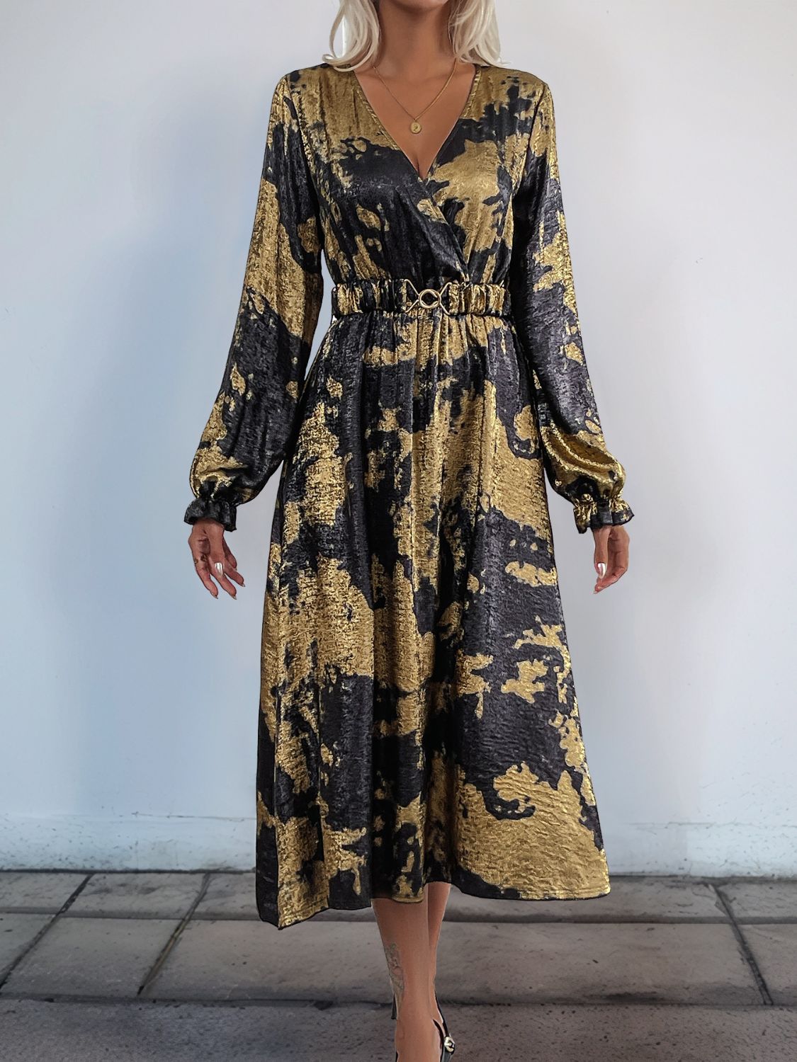 Perfee Printed Surplice Long Sleeve Midi Dress-TOPS / DRESSES-[Adult]-[Female]-2022 Online Blue Zone Planet