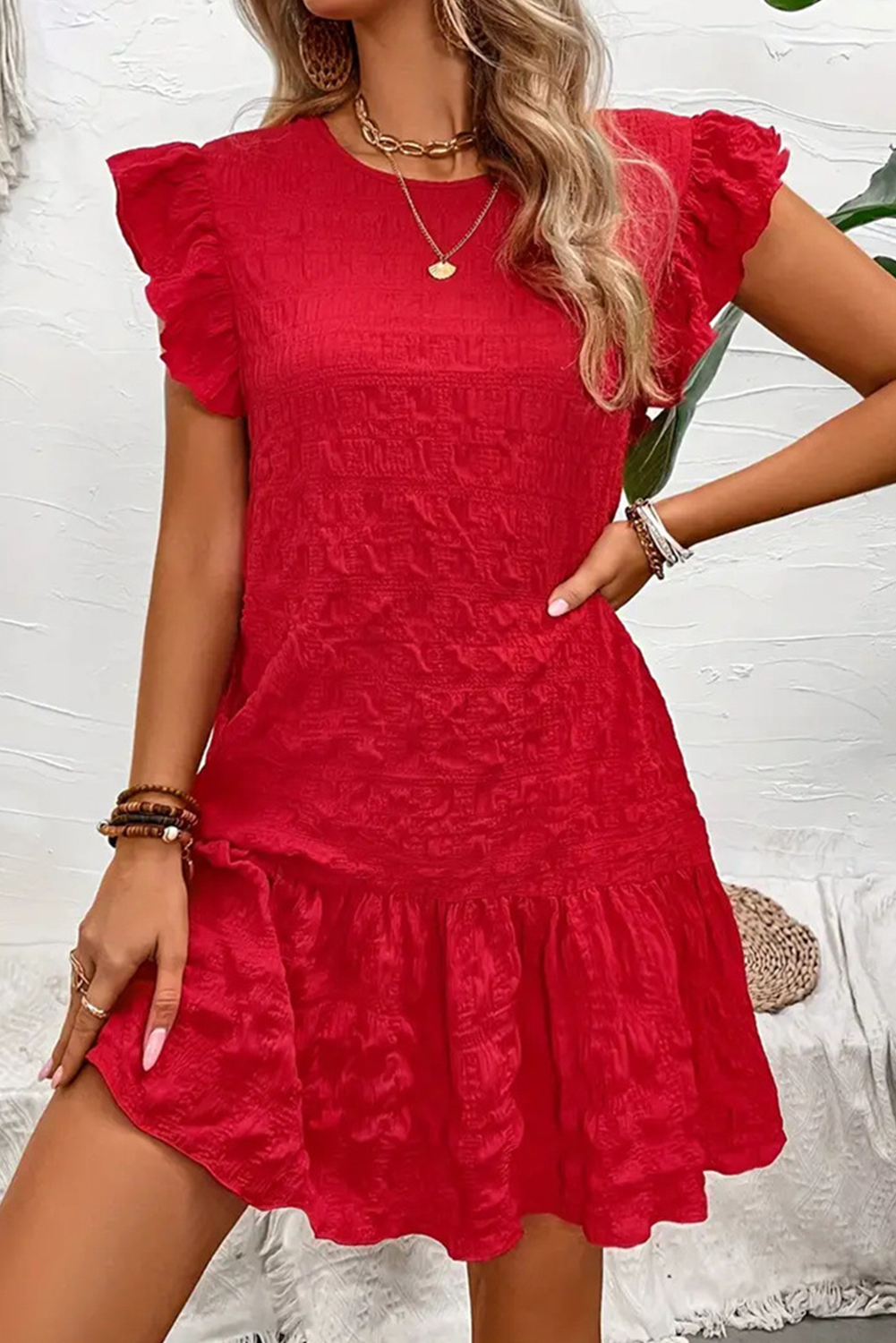 Fiery Red Solid Color Ruffle Trim Sleeveless Dress-Short Dresses-[Adult]-[Female]-2022 Online Blue Zone Planet