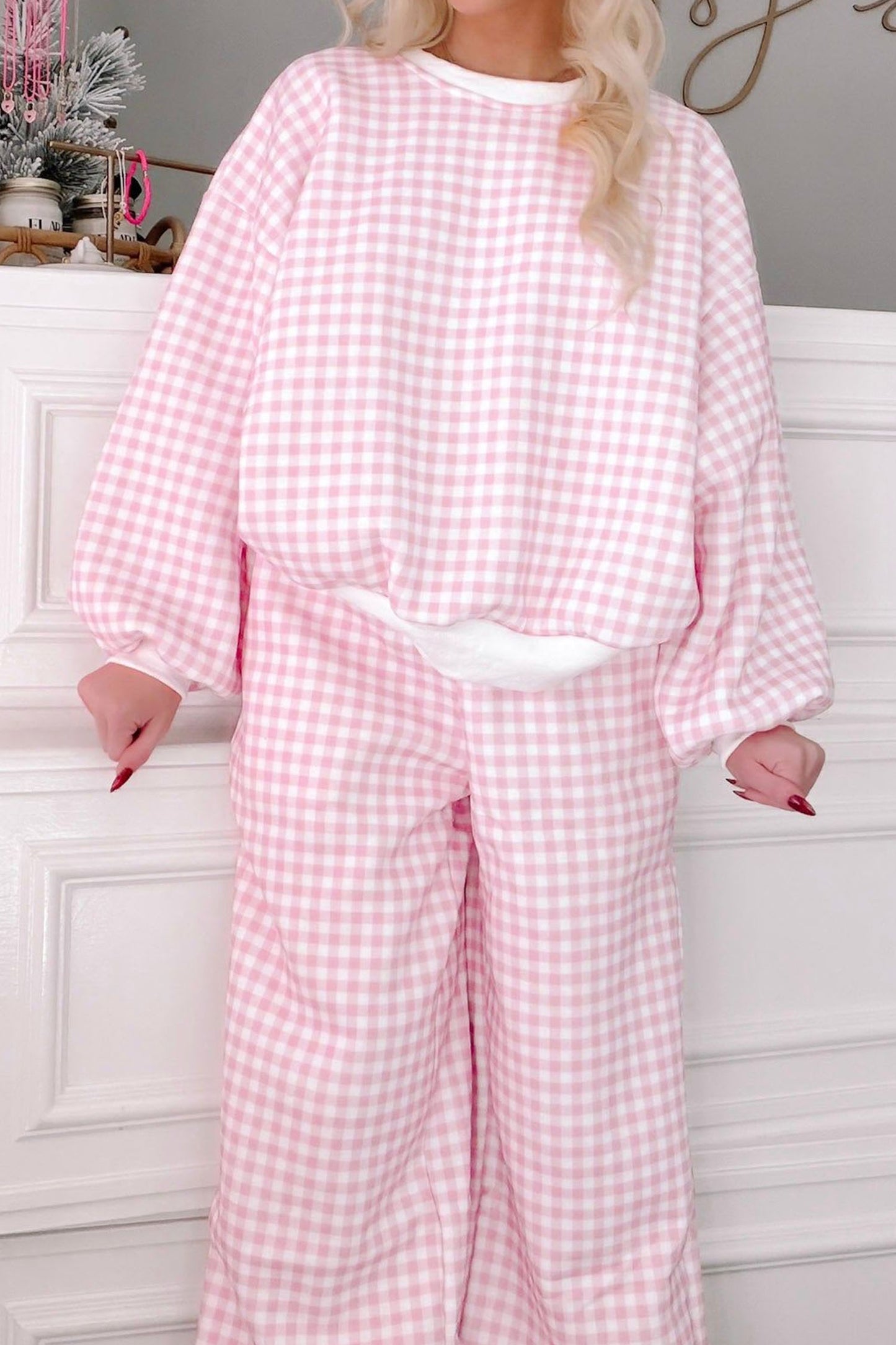 Pink Plaid Long Sleeve Two Piece Pant Set-Two Piece Sets/Pant Sets-[Adult]-[Female]-2022 Online Blue Zone Planet