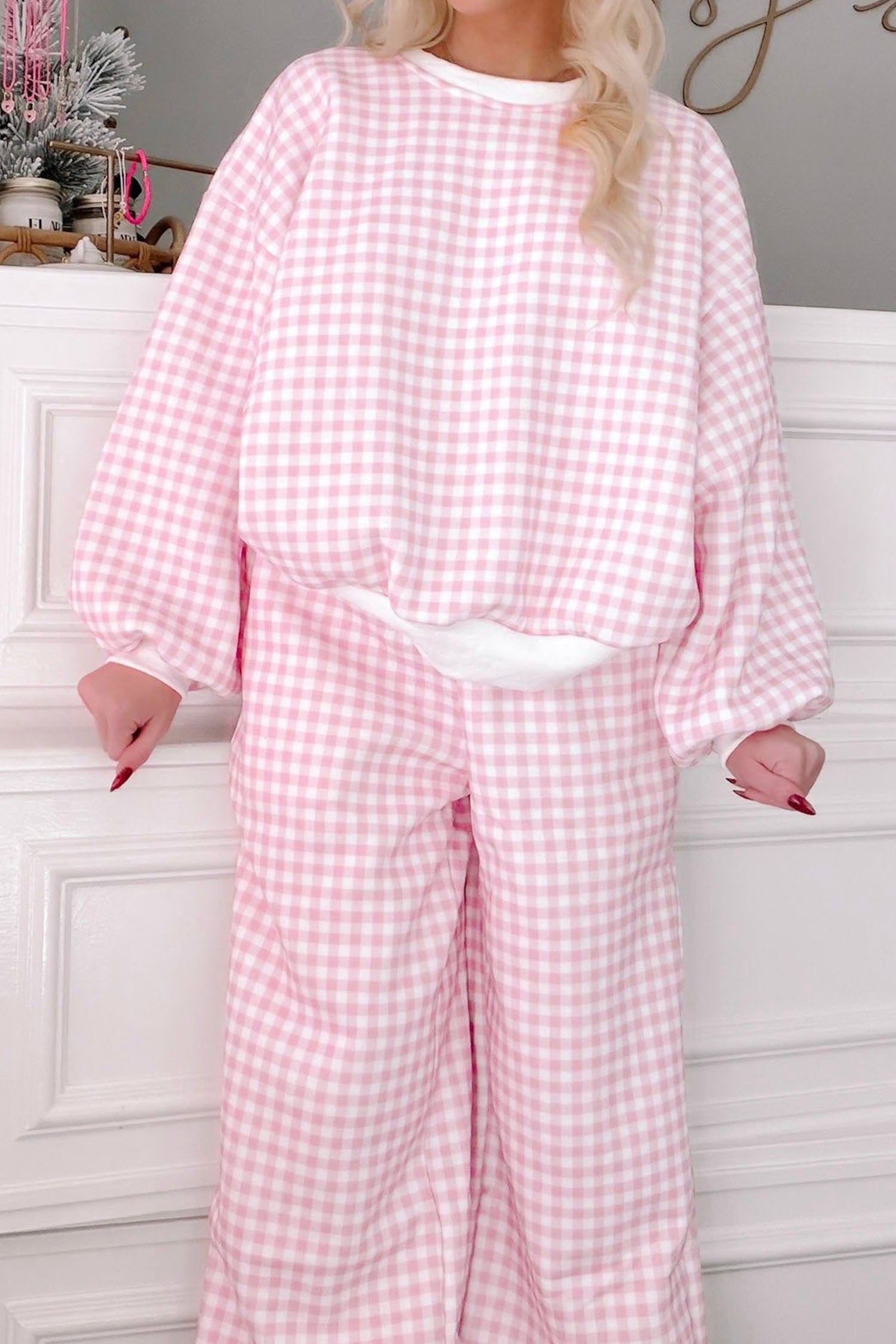 Pink Plaid Long Sleeve Two Piece Pant Set-Two Piece Sets/Pant Sets-[Adult]-[Female]-2022 Online Blue Zone Planet
