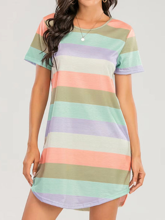 Blue Zone Planet | Striped Round Neck Short Sleeve Tee Dress-TOPS / DRESSES-[Adult]-[Female]-Matcha Green-S-2022 Online Blue Zone Planet