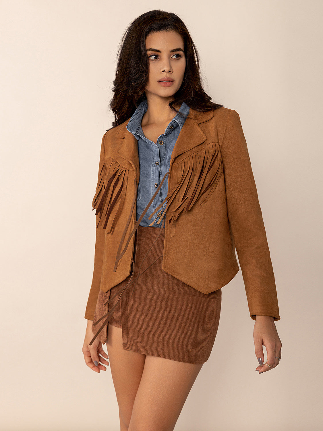 Tied Tassel Collared Neck Long Sleeve Jacket-TOPS / DRESSES-[Adult]-[Female]-Caramel-S-2022 Online Blue Zone Planet