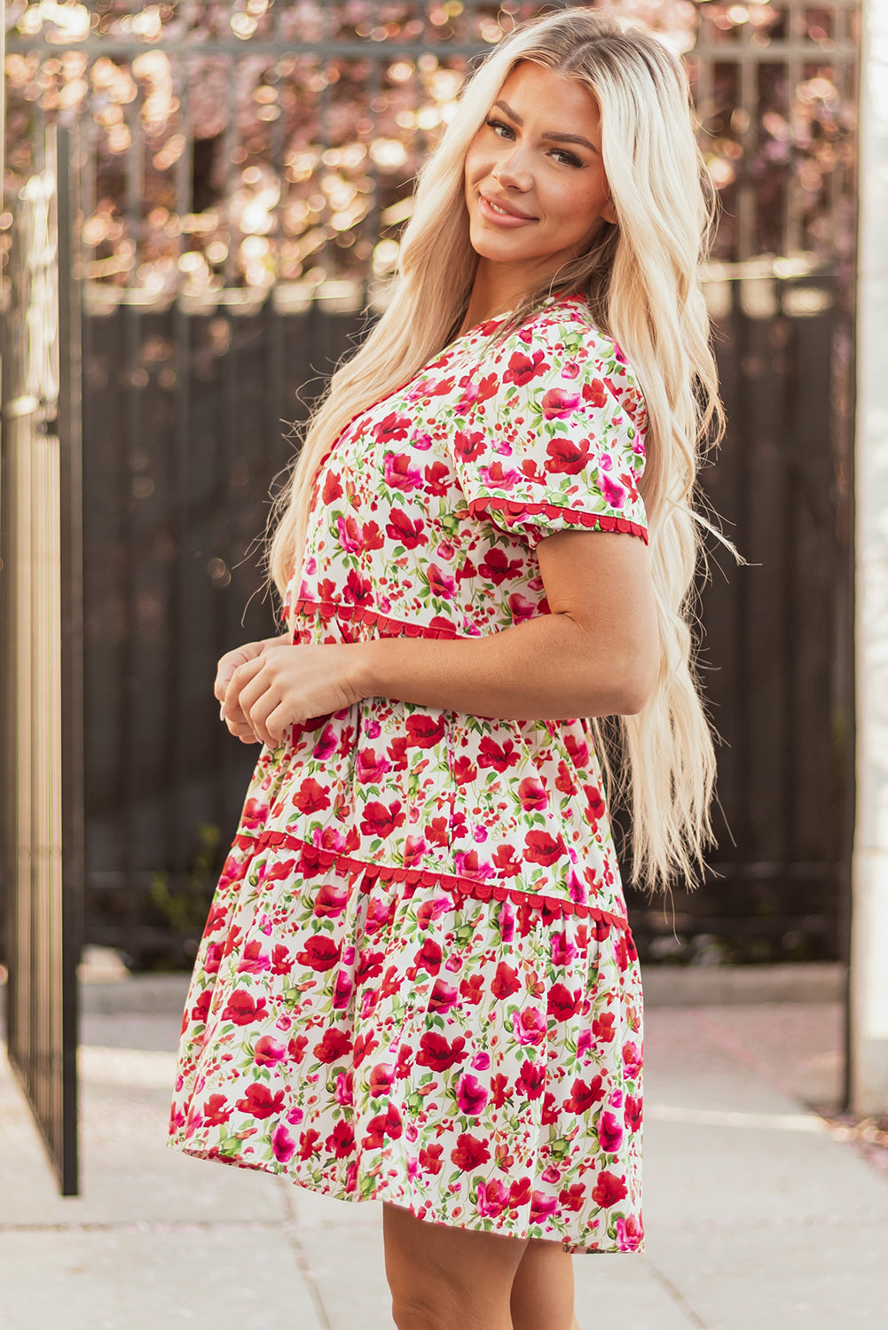 Red Floral Puff Sleeve Tiered Ric Rac Pocketed Mini Dress-TOPS / DRESSES-[Adult]-[Female]-2022 Online Blue Zone Planet