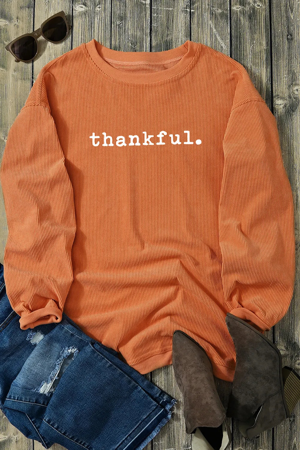 THANKFUL Round Neck Long Sleeve Sweatshirt-TOPS / DRESSES-[Adult]-[Female]-2022 Online Blue Zone Planet