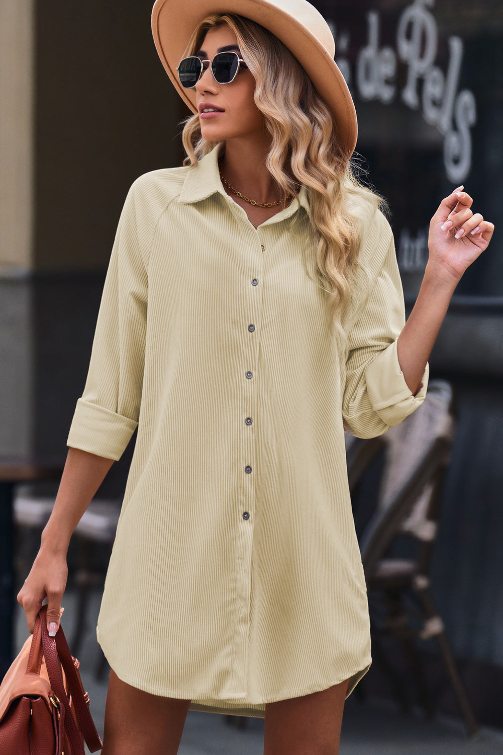 Beige Corduroy Shirt Style Full Button Long Sleeve Shift Mini Dress-Dresses/Mini Dresses-[Adult]-[Female]-2022 Online Blue Zone Planet