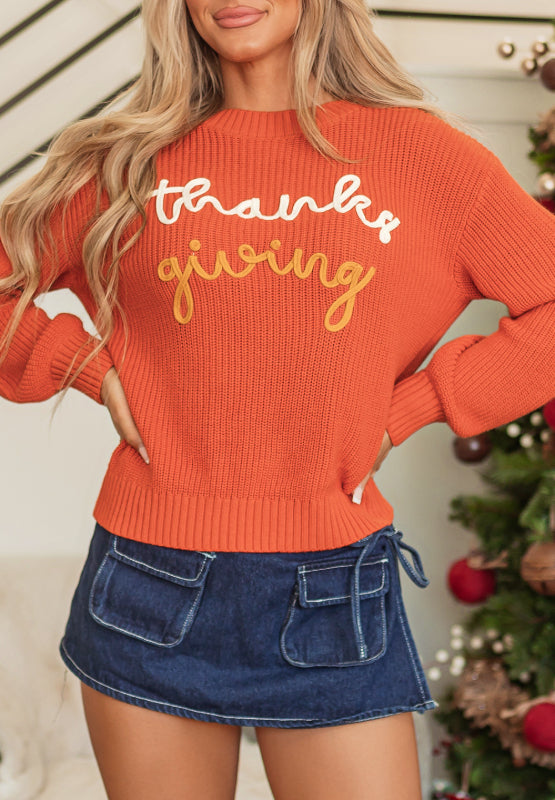 Blue Zone Planet | THANKS GIVING Round Neck Long Sleeve Sweater-TOPS / DRESSES-[Adult]-[Female]-Orange-S-2022 Online Blue Zone Planet