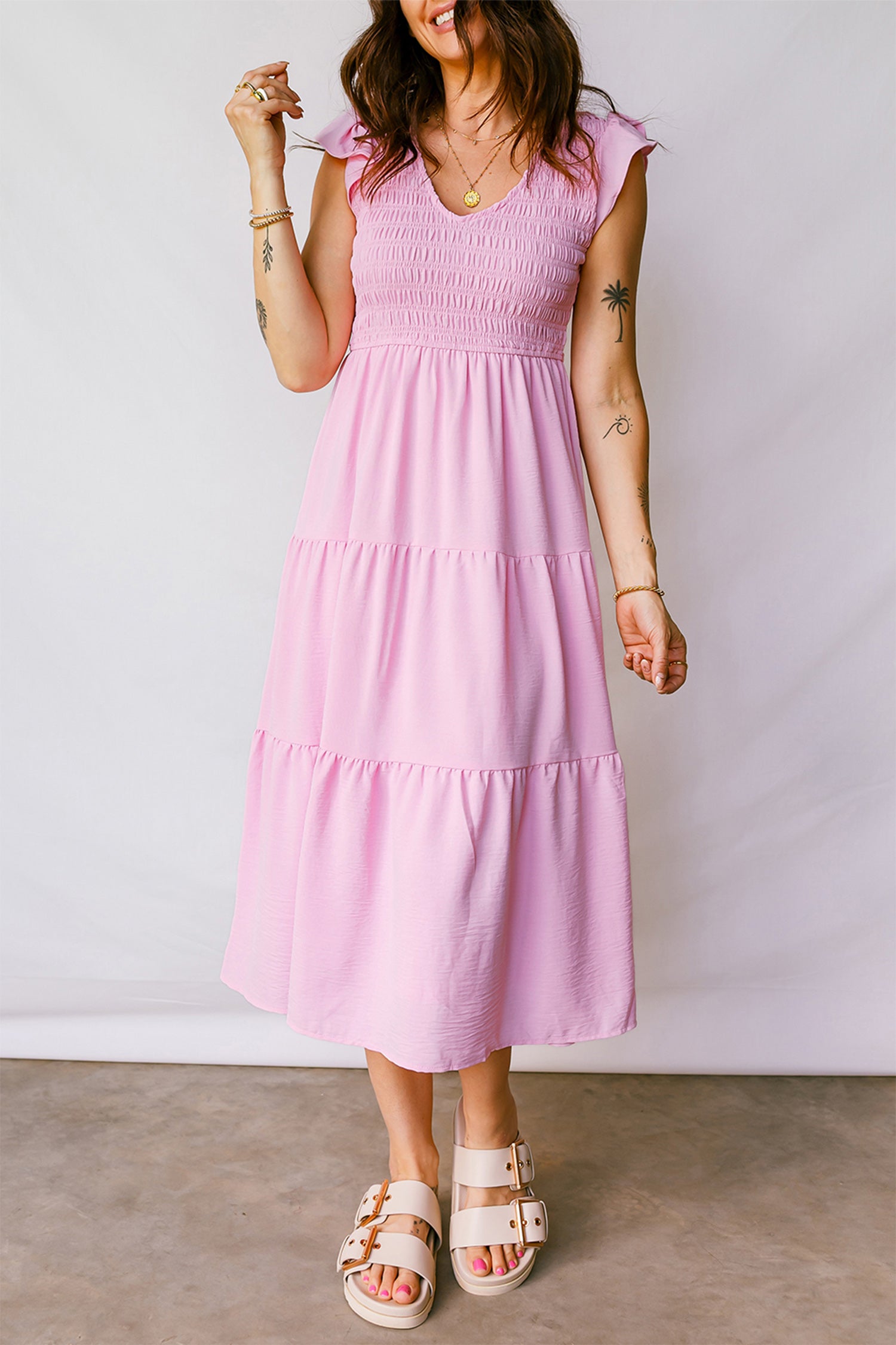 Pink Smocked Bodice Flutter Sleeve Fit Flare Tiered Midi Dress-Dresses/Midi Dresses-[Adult]-[Female]-2022 Online Blue Zone Planet